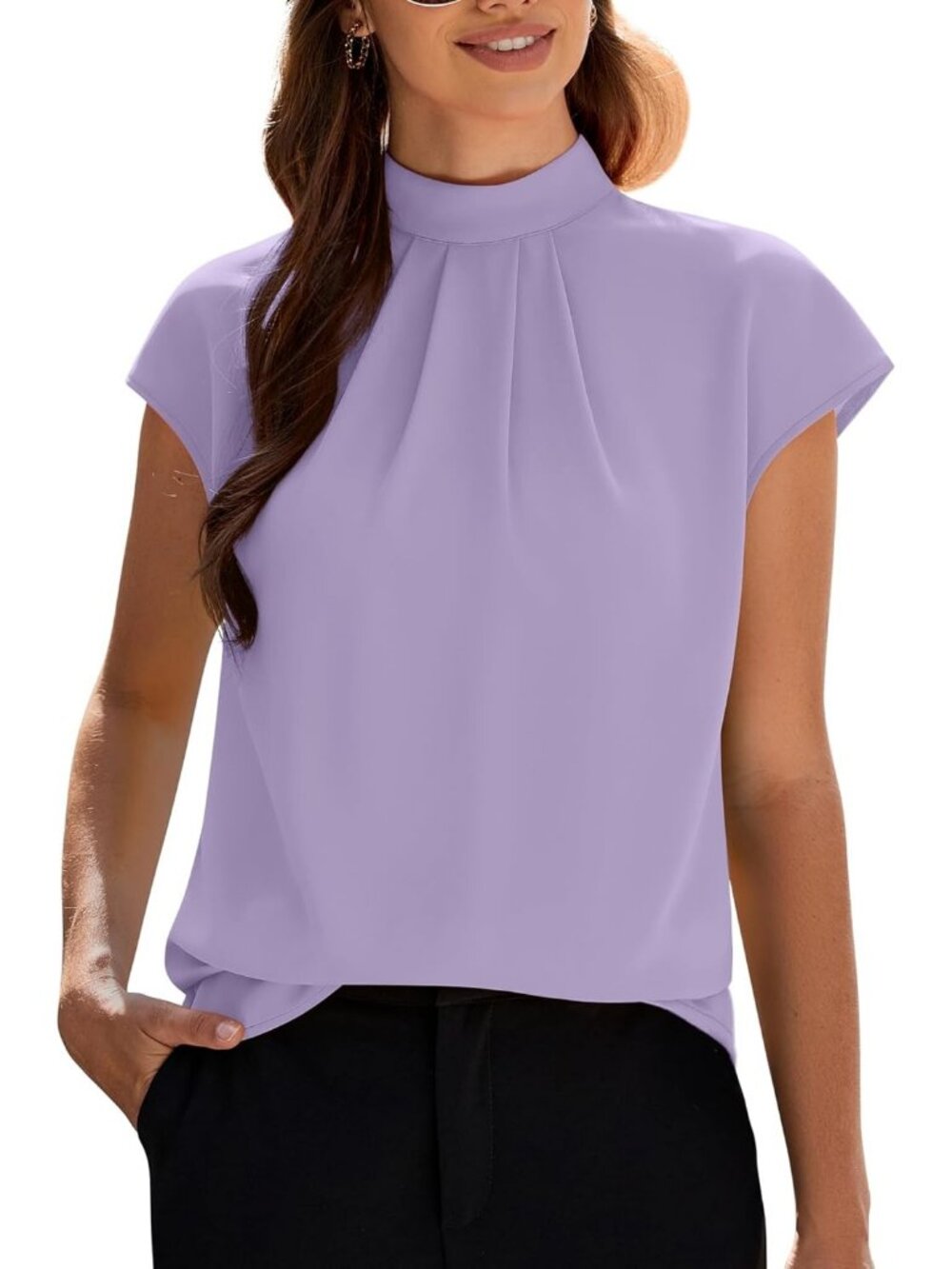 Women's Purple Mock Neck Cap Sleeve Chiffon Blouse Front Pleated Work Tops
